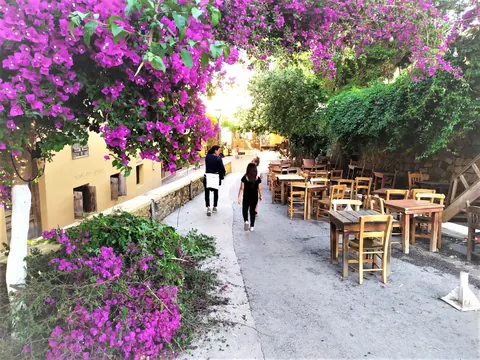 Dintorni: vicolo con tavoli di taverne e bouganville